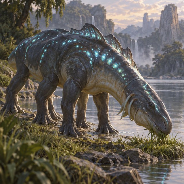 Creature design: a six-legged amphibious grazer with bioluminescent markings, shown on a riverbank, painterly. — GPT Image 2.5 Sunburst