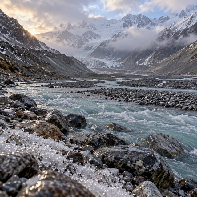Beyond a braided glacier-fed stream, a steep moraine valley opens beneath clearing dawn snow flurries; gritty ice grains and water-polished stones sharpen the near bank, while layered ridges fade into cloud. — Model 4