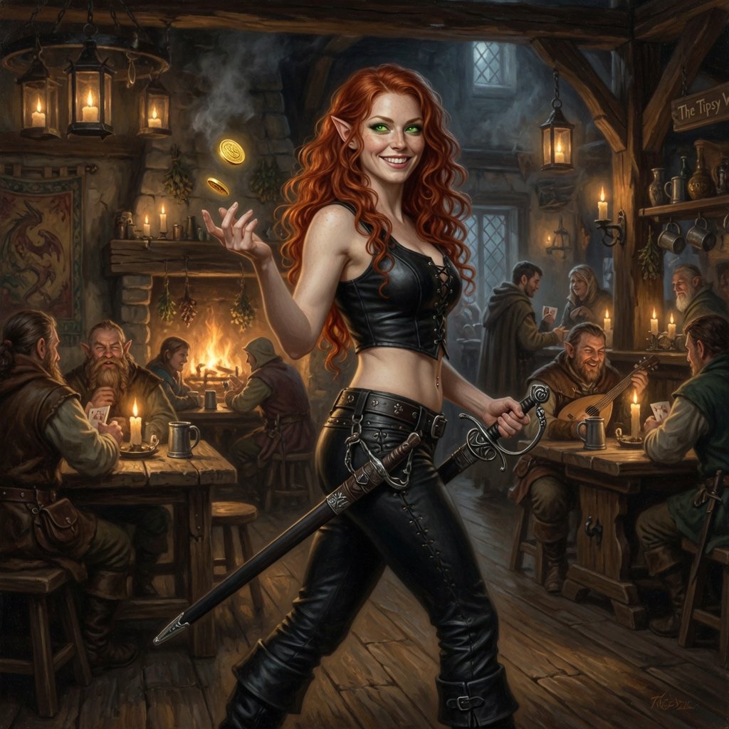 A beautiful, slim adult elf woman wearing black leather pants and a black leather crop top that leaves her belly exposed. She has stunning, intense green eyes and long, flowing, curled red hair. She is smiling; she is a rogue, with a rapier hanging from her belt. She is catwalking through a medieval fantasy tavern at night while flipping a golden coin, in a realistic fantasy style. — Grok Imagine Image Quality