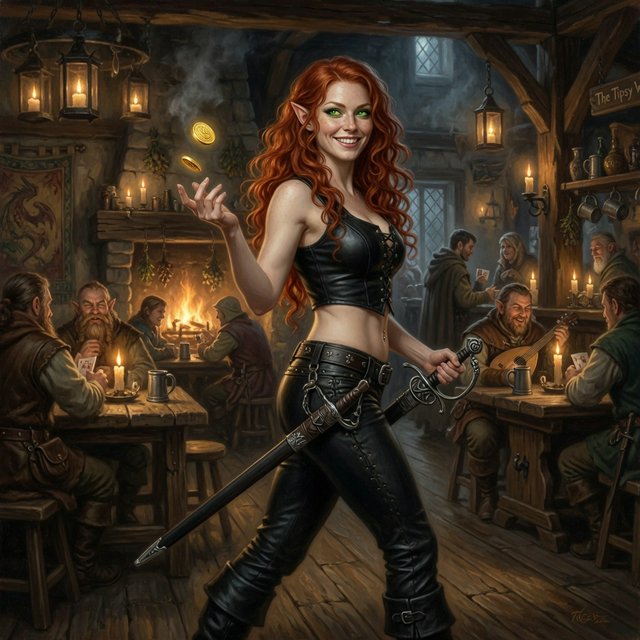 A beautiful, slim adult elf woman wearing black leather pants and a black leather crop top that leaves her belly exposed. She has stunning, intense green eyes and long, flowing, curled red hair. She is smiling; she is a rogue, with a rapier hanging from her belt. She is catwalking through a medieval fantasy tavern at night while flipping a golden coin, in a realistic fantasy style. — Grok Imagine Image Quality