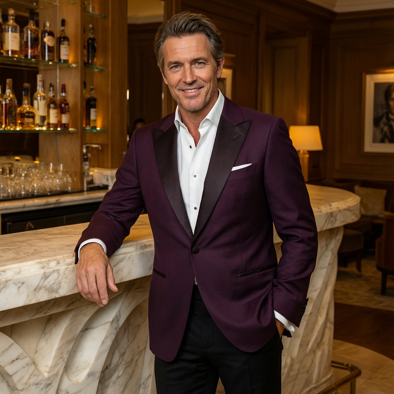 Editorial glamour photograph of an adult man in a midnight-plum dinner jacket and black trousers, standing naturally beside a sculptural marble bar in a quiet hotel lounge, flattering amber light, easy smile, polished editorial elegance. — Qwen Image 3.0 Pro