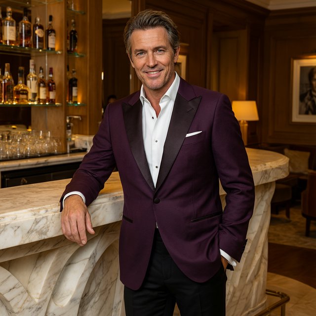 Editorial glamour photograph of an adult man in a midnight-plum dinner jacket and black trousers, standing naturally beside a sculptural marble bar in a quiet hotel lounge, flattering amber light, easy smile, polished editorial elegance. — Qwen Image 3.0 Pro