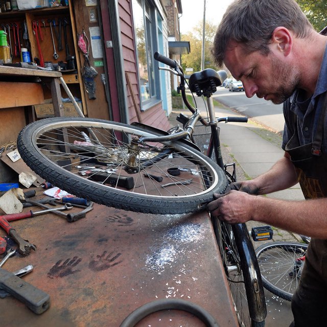 Candid documentary photograph of an adult bicycle mechanic repairing a flat tire outside a neighborhood workshop, soft overcast daylight, 35mm lens with moderate depth of field, greasy fingerprints, dust, and tiny metal shavings visible on the workbench. — ImagineArt 1.5 Pro