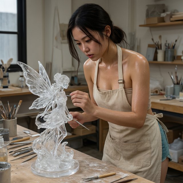 A pulchritudinous, gorgeous, exotic East Asian beauty, aged 24, inside an atelier, wearing a loose workshop apron, a tube top, and hot pants. Sweating profusely, she remains concentrated. She has a focused posture and expression as she looks at the crystalline object in the foreground that she is sculpting into a small, detailed fairy with high precision and clarity. Three-quarter-body mid-shot, Dutch angle. — Model 14