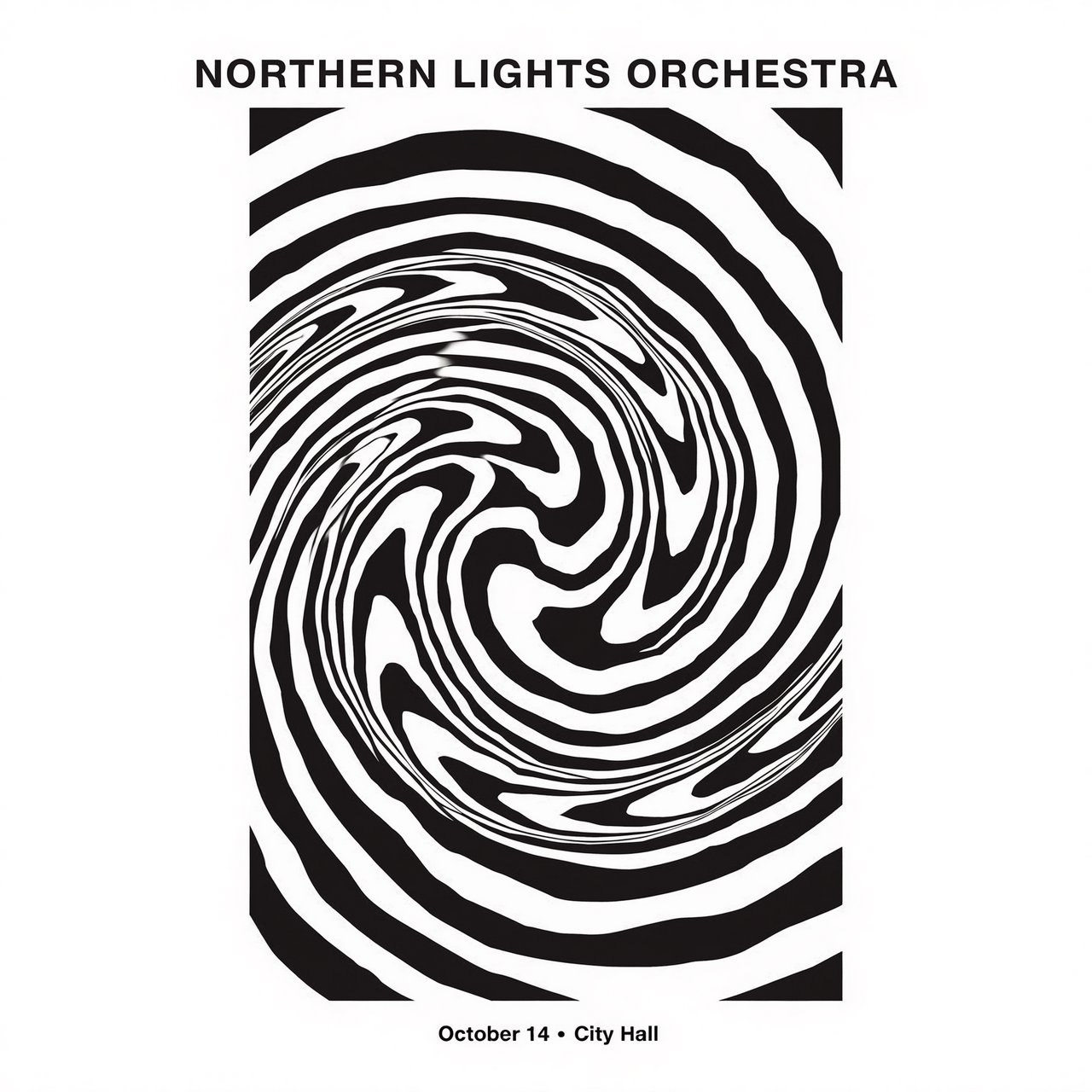 A minimalist concert poster with the words "NORTHERN LIGHTS ORCHESTRA" large at the top and "October 14 · City Hall" small at the bottom, two-colour print. — Recraft v4 Pro
