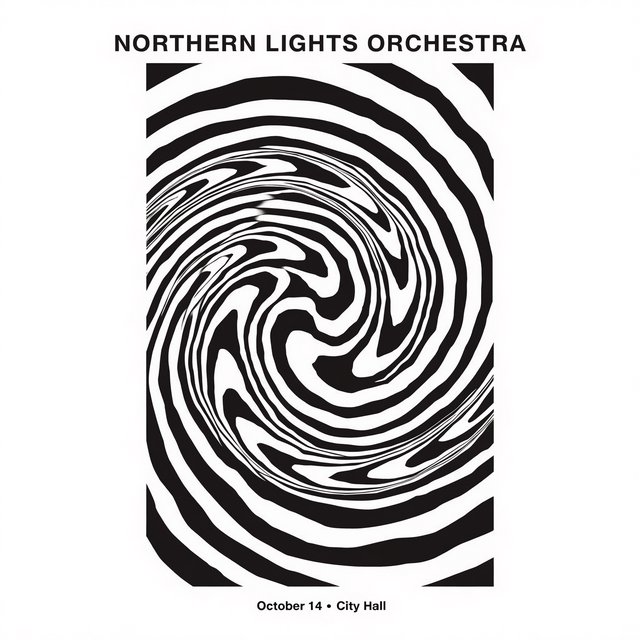 A minimalist concert poster with the words "NORTHERN LIGHTS ORCHESTRA" large at the top and "October 14 · City Hall" small at the bottom, two-colour print. — Recraft v4 Pro