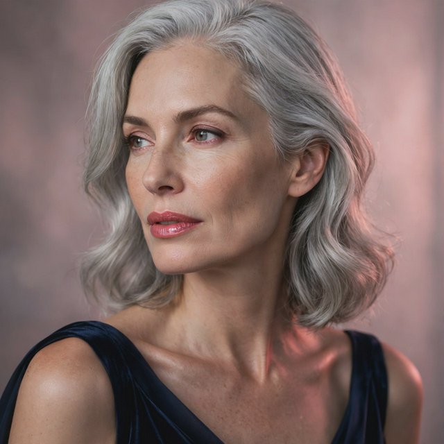 A silver-haired adult woman in a midnight-blue evening gown pauses with lipstick freshly applied, her composed gaze turned slightly aside; diffused rose studio light defines her face and shoulders, with restrained makeup and the polished finish of a fashion magazine. — Model 14