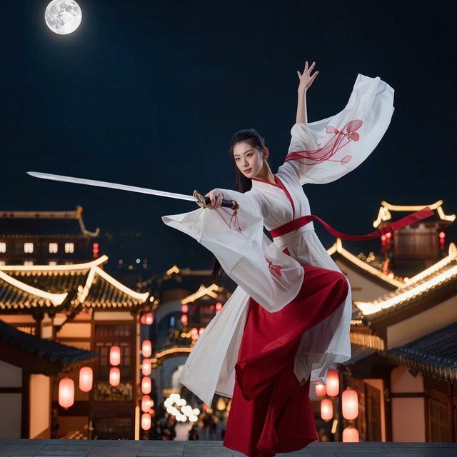 Elegant young adult Chinese female dancer performing a sword dance on a rooftop in ancient China at night, wearing flowing hanfu in primary white with secondary red accents. She leaps high in midair with her body arched backward, sword arm thrust forward, while her other arm rises gracefully above her with the hand forming delicate orchid fingers. Frontal three-quarter view, long black hair and sleeves flowing, expressive elegant pose, lantern-lit ancient city below, glowing rooftops and streets, romantic moonlit atmosphere. — Kling v3