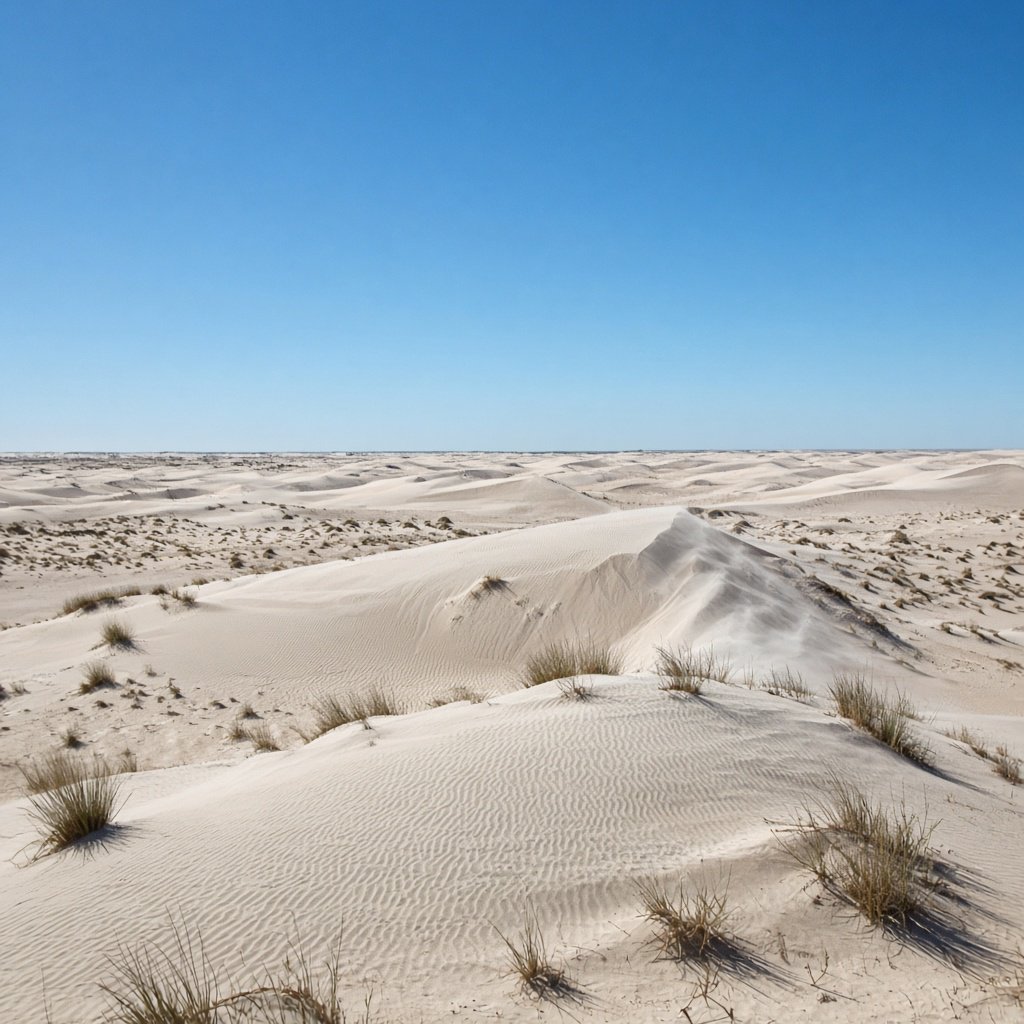A pale gypsum dune field beneath a wind-brushed, cloudless midday sky, fine sand streaming over steep ridges; delicate ripple patterns and scattered salt-tolerant grasses sharpen the foreground as dunes soften toward a distant basin. — Grok Imagine Image 2