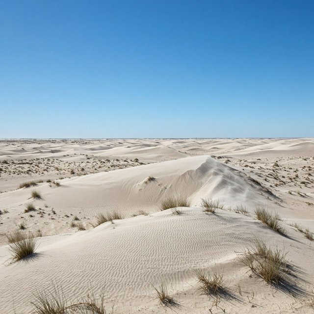 A pale gypsum dune field beneath a wind-brushed, cloudless midday sky, fine sand streaming over steep ridges; delicate ripple patterns and scattered salt-tolerant grasses sharpen the foreground as dunes soften toward a distant basin. — Grok Imagine Image 2