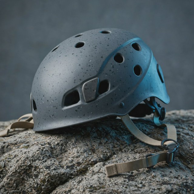 Against a muted slate backdrop, an unbranded climbing helmet with a matte recycled-polymer shell and woven nylon straps rests on rough granite; broad diffused key light and a cool rim light shape this commercial product image, with no lettering. — Muse Image 1.0