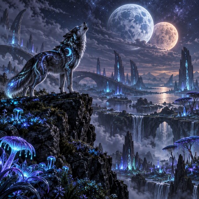 A solitary wolf, its fur subtly infused with shimmering, bio-luminescent patterns, howling at a sky filled with twin moons. The wolf stands on a cliff overlooking a vast, alien landscape dotted with strange, glowing rock formations and spectral, phosphorescent vegetation. — GPT Image 2.5 Sunburst