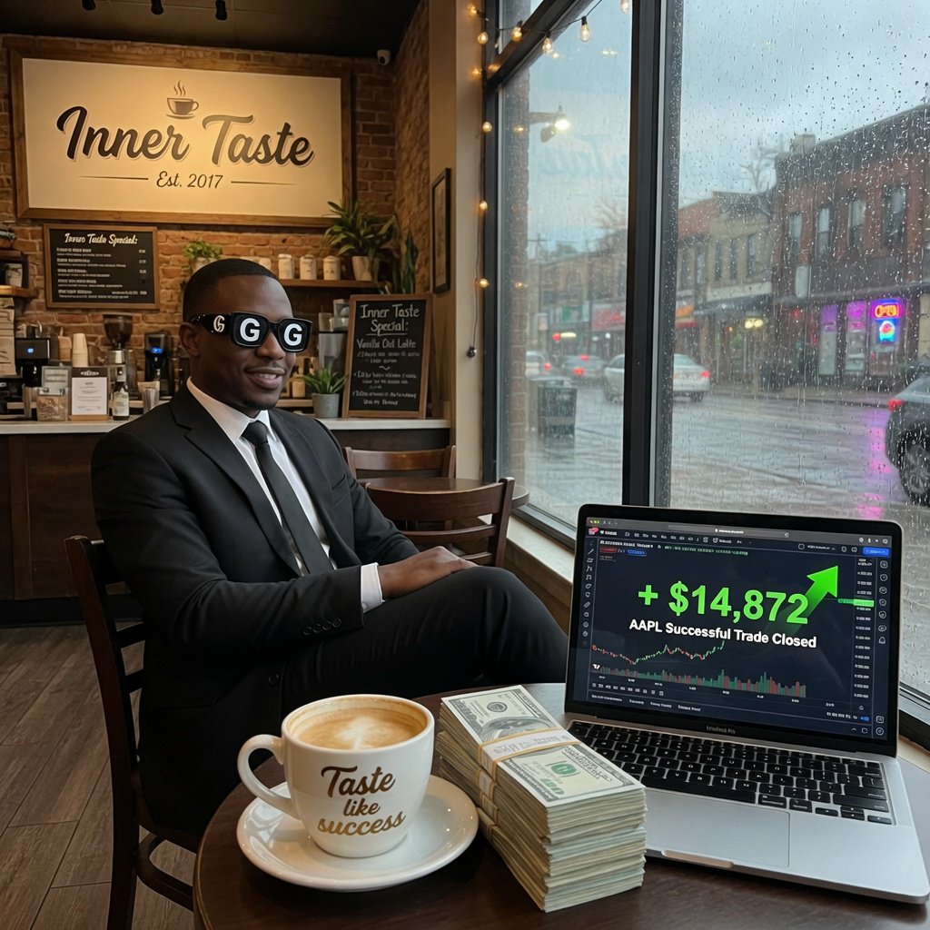 Realistic, a man wearing a black suit and cool shades with the word “G” on them, sitting near a table in a friendly coffee shop with the words “Inner Taste” displayed in the shop, coffee on the table, a coffee cup with the words “Taste like success,” a stack of money on the table, a high-end laptop displaying a successful trade, and rain pouring outside. The vibe is calm and chill. — Grok Imagine Image Quality