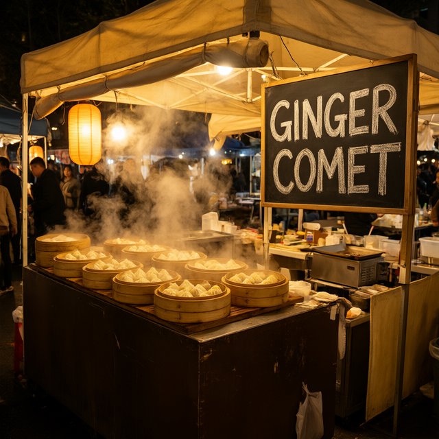 Steam curls above baskets of dumplings at a lively night-market stall, lantern light warming its canvas canopy; "GINGER COMET" is chalked in bold white letters on a blackboard beside the serving counter. — Qwen Image 3.0