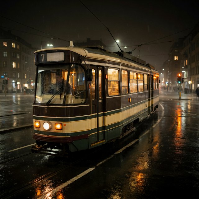 At a rain-darkened intersection, a tram grinds through a curve, its steel wheels shining beneath amber signal glow. A street-level news photo, shot on a 35mm lens with moderate depth of field, catches beads of water on the windows and slight wheel blur. — Ideogram v4.5