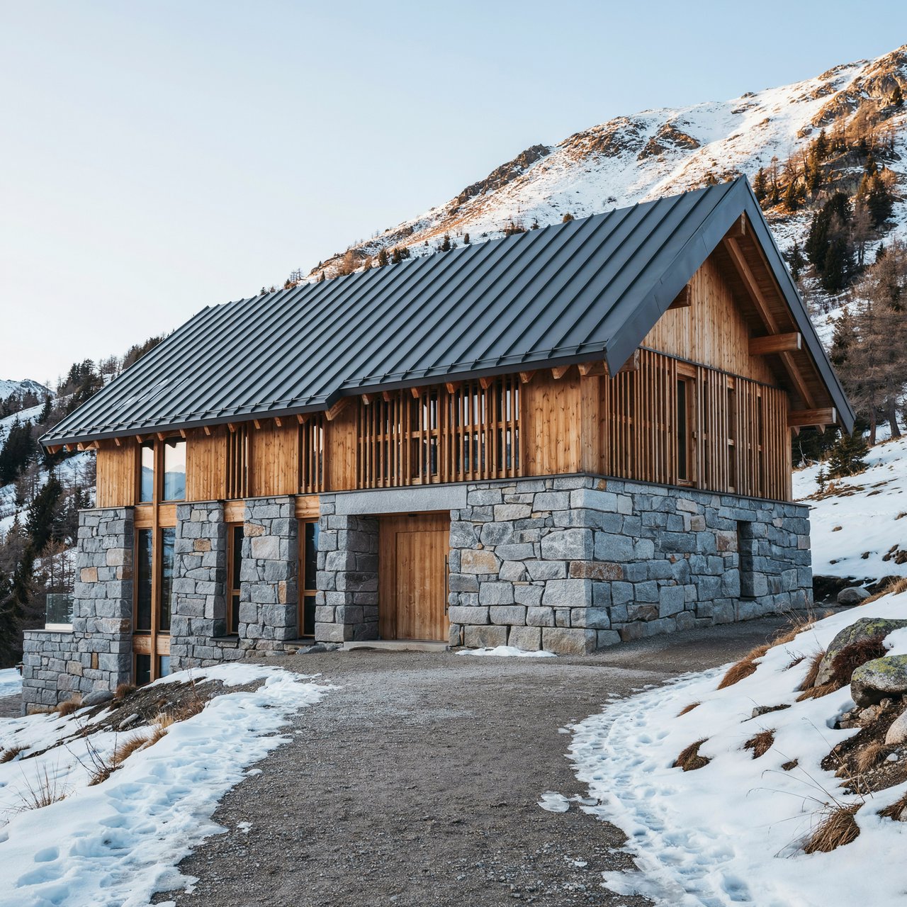 Exterior of a contemporary alpine research lodge in restrained regional modernism, rough granite walls, larch screens, steep standing-seam roof, crisp snow-bright morning light, viewed from below across a mountain footpath, sound structural geometry. — Ideogram v4.5