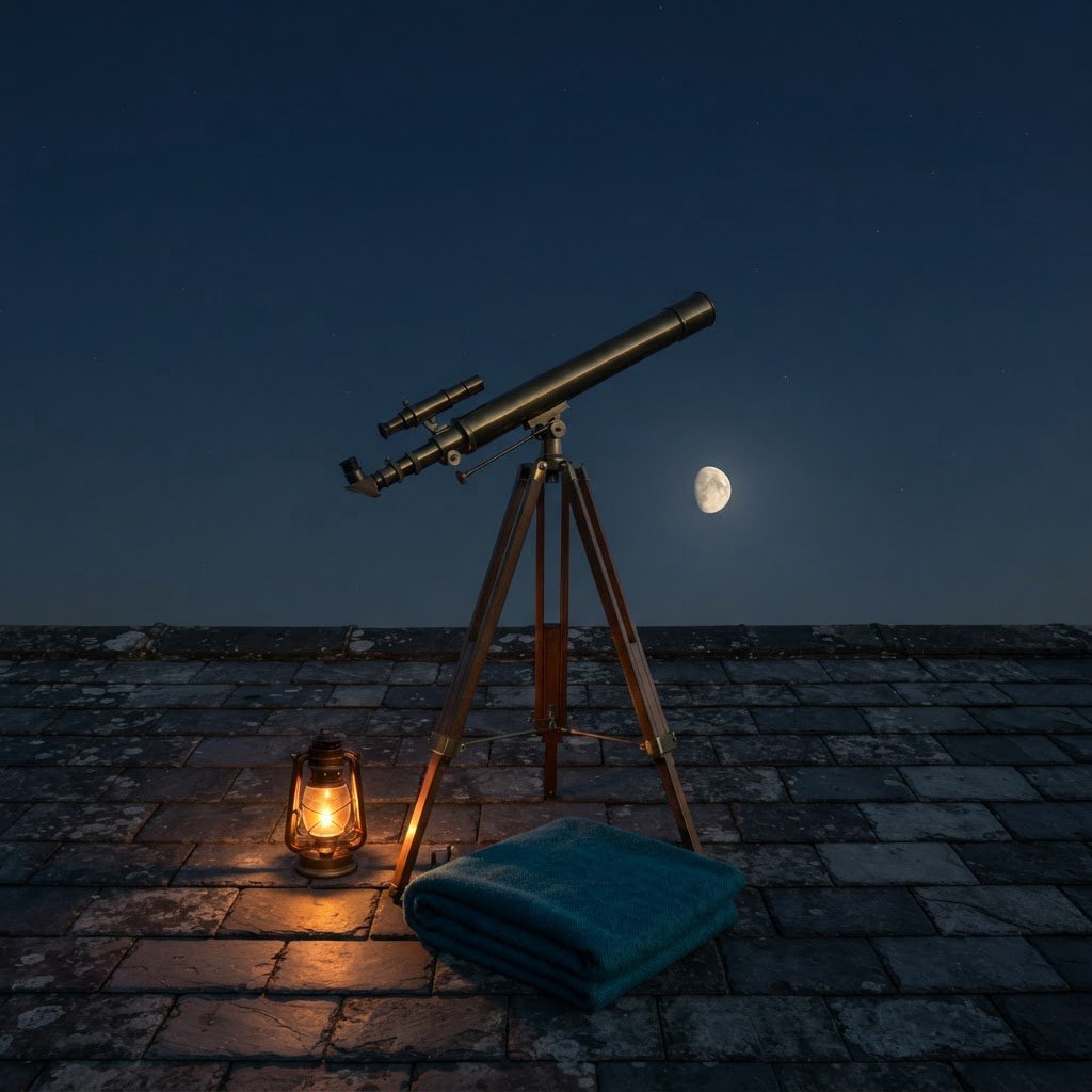 On a slate rooftop, exactly one brass telescope points east; one amber lantern sits to its left, one folded teal blanket lies beneath the tripod, and one pale moon hangs behind it in the clear sky, nothing else. — Nano Banana 2 Lite