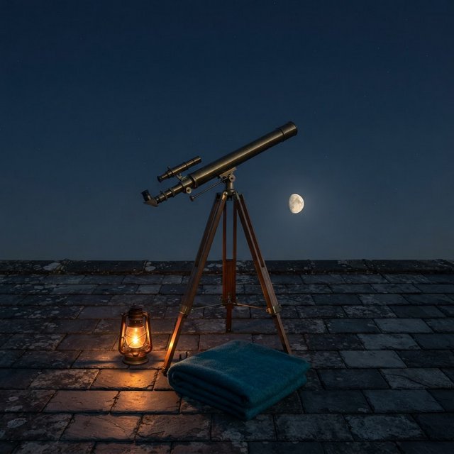 On a slate rooftop, exactly one brass telescope points east; one amber lantern sits to its left, one folded teal blanket lies beneath the tripod, and one pale moon hangs behind it in the clear sky, nothing else. — Model 16