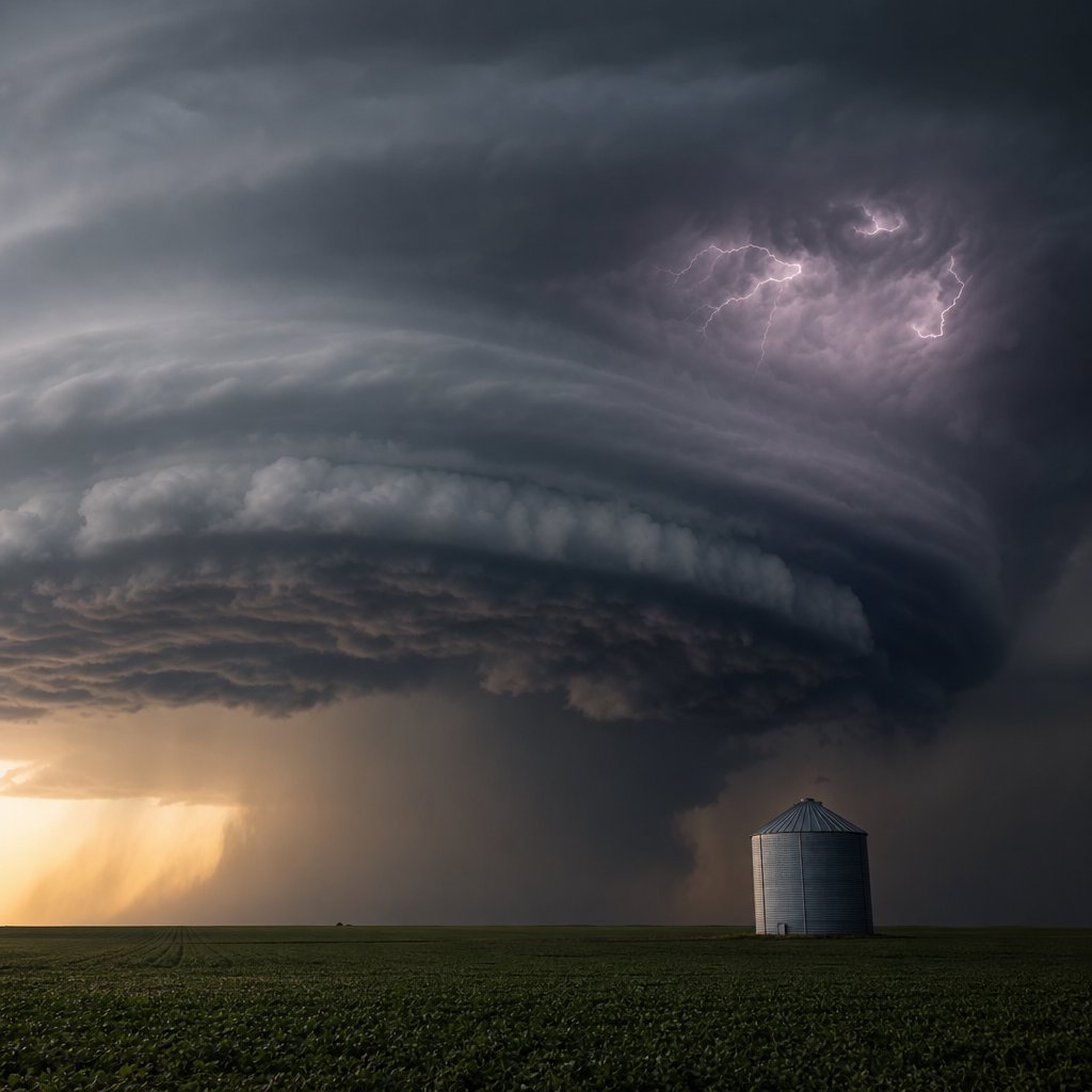 A supercell thunderstorm over flat farmland, lightning inside the cloud, a lone grain silo, dramatic but realistic. — GPT Image 2