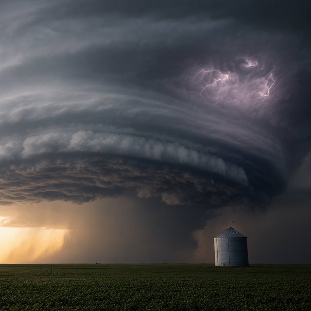 A supercell thunderstorm over flat farmland, lightning inside the cloud, a lone grain silo, dramatic but realistic. — GPT Image 2