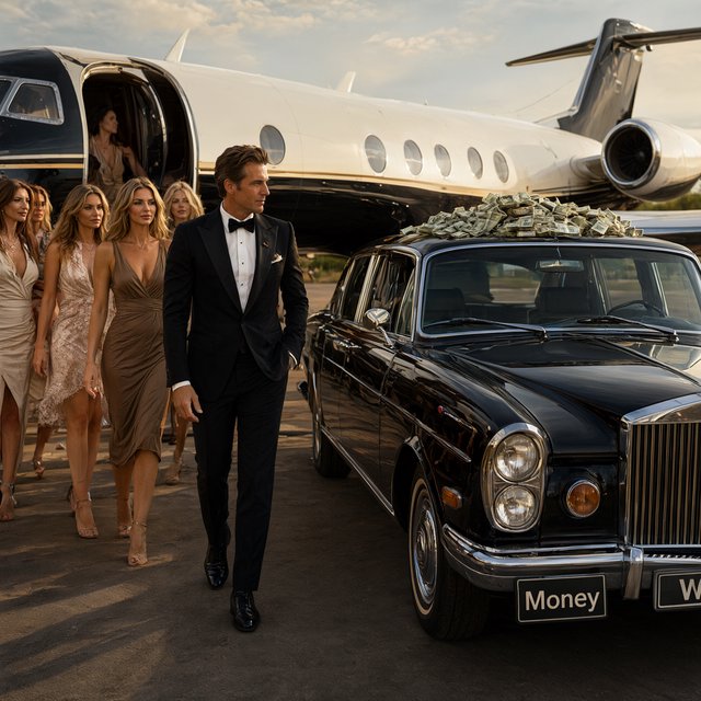 A man dressed in very nice formal clothes is getting off a private black-and-white plane. Many beautiful adult women in dresses are following the man. The man is heading toward a very high-end classic black car. The word "Money" is on the car's license plate. On top of the car is a ton of money. It is the afternoon. The vibe is cool and rich. — Qwen Image 3.0 Pro