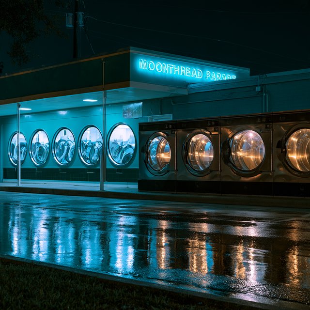 At midnight, moths circle the laundromat’s glowing round windows while chrome washing machines gleam inside; “MOONTHREAD PARADE” shines in icy blue neon above the entrance, reflected across the wet pavement, with no other lettering visible. — Midjourney V8.2