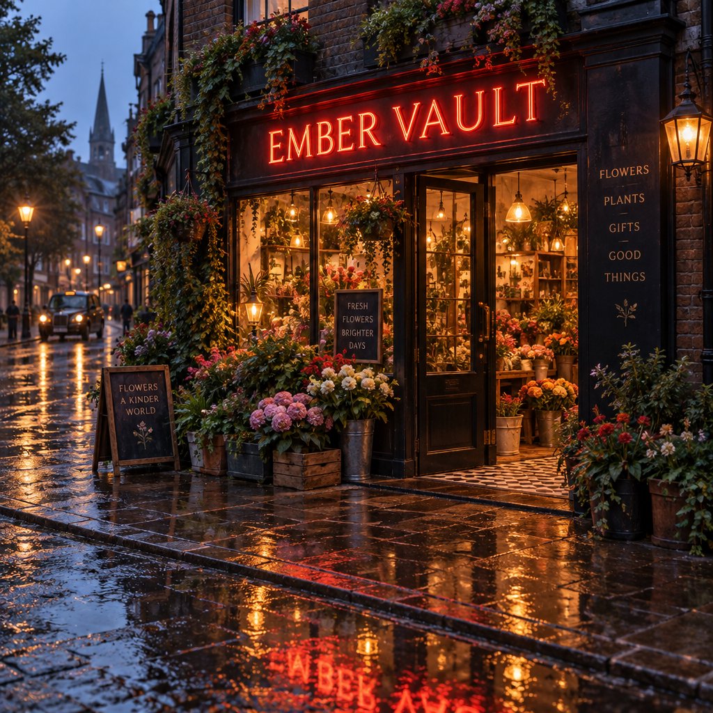 At dusk, a narrow flower shop with rain-dark brick, overflowing window boxes, and warm interior light; the invented name "EMBER VAULT" is rendered in red neon tubing above the entrance, reflected in puddles. — GPT Image 2.5 Sunburst