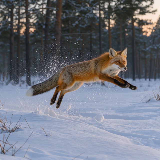 A red fox springs through powdery snow at the edge of a pine forest, ears forward and paws suspended. A real-world wildlife telephoto photograph in pale dawn light, 300mm lens, with snow crystals frozen midair. — Model 2