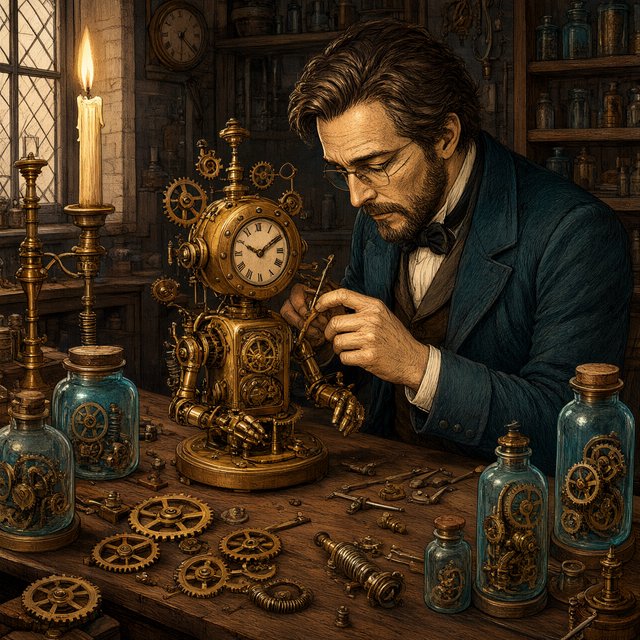 Engraved ink illustration of an adult clockmaker assembling a whimsical brass automaton in a candlelit workshop, with gears, springs, and glass jars surrounding the bench. Palette of charcoal, copper, teal, and honey yellow, with crisp crosshatching and warm shadows. — Qwen Image 3.0 Pro
