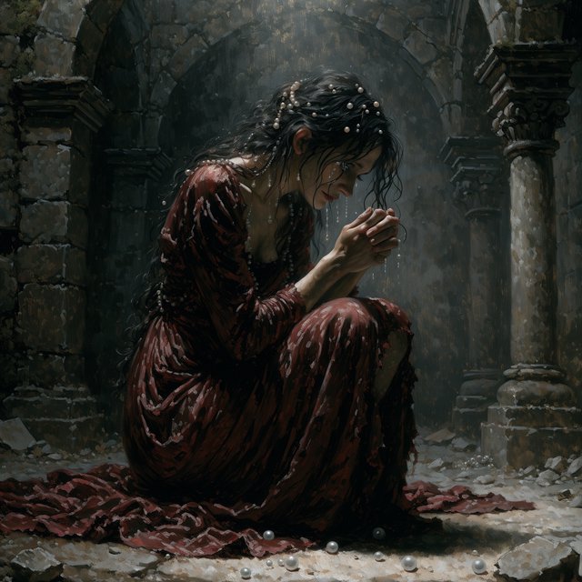 A dramatic cinematic portrait of a fallen noblewoman kneeling in a dimly lit stone chamber, wearing a disheveled dark crimson silk gown, the fabric torn and loose, revealing hints of pale skin, strong chiaroscuro lighting highlighting her silhouette and sorrowful expression, tears, messy hair adorned with broken pearls, atmosphere of despair and silence, oil painting style realism — Recraft v4 Pro