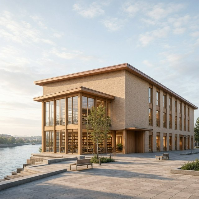 A riverside public library in contemporary Nordic brick architecture combines pale buff brick, oak-framed glazing, and a copper roof; cool morning light grazes its elevations, viewed from across the promenade, with straight lines and credible supports. — Model 5