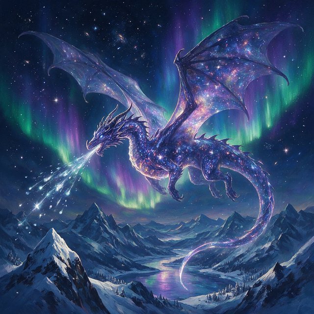 A majestic dragon made of pure starlight and frozen cosmic dust, soaring through a celestial winter landscape. Its scales shimmer with the light of a thousand galaxies, and its breath is a trail of icy comets. The background features swirling aurora borealis over a frozen, mountainous terrain. The style is a blend of painterly fantasy art and surrealism. — Seedream 5.0 Pro
