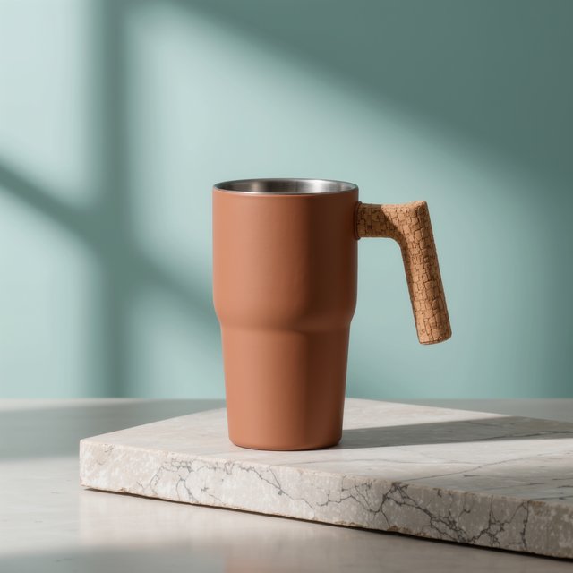 Commercial product photograph of an unbranded insulated travel mug made from matte terracotta powder-coated steel with a cork grip, standing on a pale limestone slab against a soft teal background, lit by broad diffused window light and a gentle edge light. — Kling v3 Omni