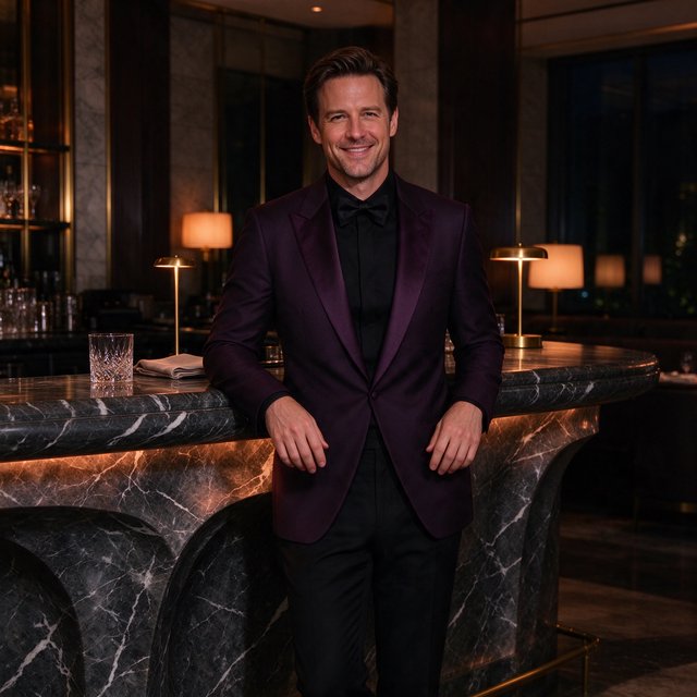 Editorial glamour photograph of an adult man in a midnight-plum dinner jacket and black trousers, standing naturally beside a sculptural marble bar in a quiet hotel lounge, flattering amber light, easy smile, polished editorial elegance. — Seedream 5.0 Flash