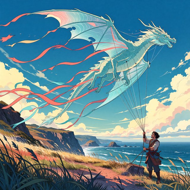 Cel-shaded anime illustration of an adult kite maker testing a vast translucent dragon-shaped kite on a windy coastal bluff, ribbons streaming above wild grasses and distant cliffs. Palette of coral, turquoise, butter yellow, and deep blue, with clean contours and a luminous sky. — ImagineArt 1.5 Pro