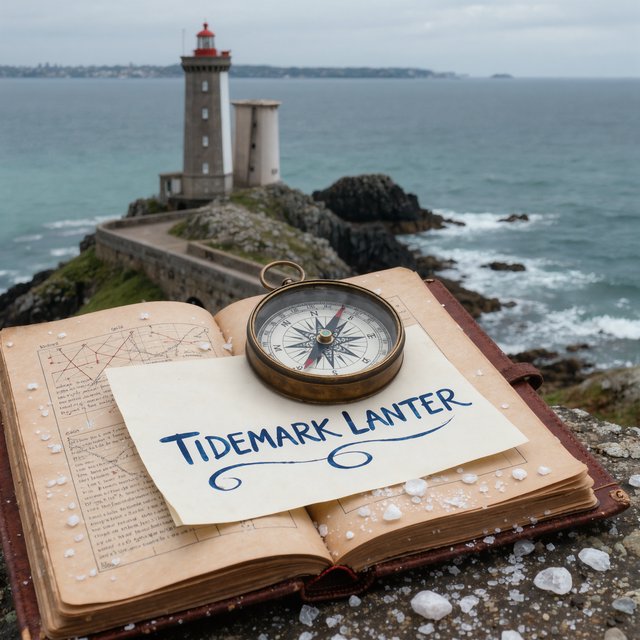 Beside a cliffside lighthouse, a salt-speckled logbook lies open on a chart table; "TIDEMARK LANTERN" is handwritten in looping dark-blue ink across a cream note tucked beneath the compass, with no other legible writing. — Kling v3 Omni