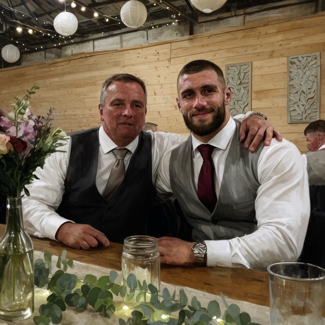 (Character1: rugby player body type, tall, brunet male, age 30, buzzcut hair and neatly groomed matching beard). Medium eye-level shot, photorealistic, two men seated at a wooden banquet table: the left middle-aged man wears a white dress shirt, charcoal waistcoat, and taupe tie, with his right arm on the table; the right man, Character1, smiles directly at the camera, wearing a white dress shirt, grey waistcoat, maroon tie, and a watch on his left wrist, with his left arm draped over the first man's shoulder. In the foreground: a table runner with eucalyptus sprigs, small fairy lights, a bottle holding flowers, a glass jar, and a water glass. Background: an exposed light horizontal wood plank wall with two decorative leaf panels, an exposed industrial ceiling with hanging paper lanterns, and fairy string lights. Warm, soft ambient overhead event lighting, natural indoor venue atmosphere, shallow depth of field. Art style: dramatic painterly realism with realistic skin texture, strong chiaroscuro, slightly gritty textured brushwork, fantasy illustration mood. — Krea 2 Large