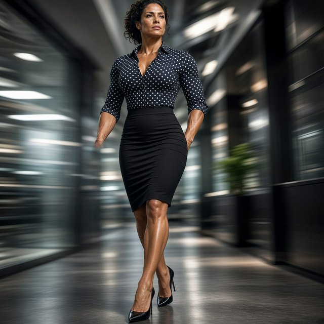A tall, muscular businesswoman with strong, defined arms strides through a modern office hallway wearing a tailored polka dot blouse and pencil skirt, paired with pointed-toe high heels showing a polished pedicure. Her expression is assertive and self-assured, dynamic motion blur in the background, dramatic studio lighting, high-fashion editorial style — Grok Imagine Image 2