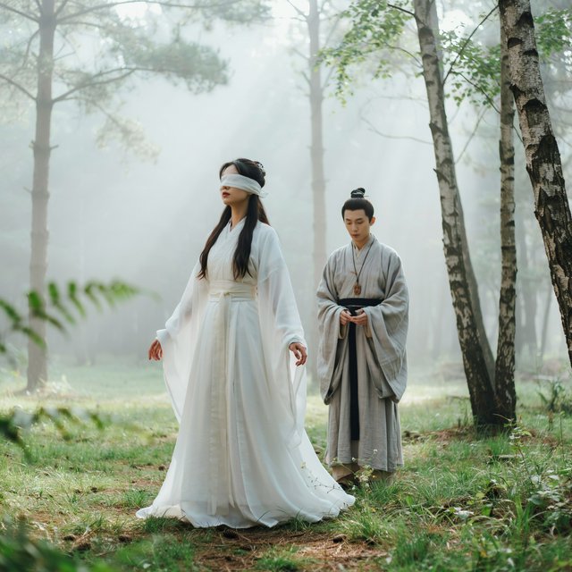 A beautiful young adult woman in flowing white hanfu stands quietly in a sparse forest, blindfolded with a soft white cloth. Grass surrounds her feet, and the scene feels calm, mysterious, and poetic. A few steps behind her stands a young adult male Taoist in traditional robes, gazing at her with a mesmerized, captivated expression. Gentle natural light filters through the thin trees, creating an ethereal atmosphere. Cinematic, elegant, emotionally evocative. — Ideogram v4