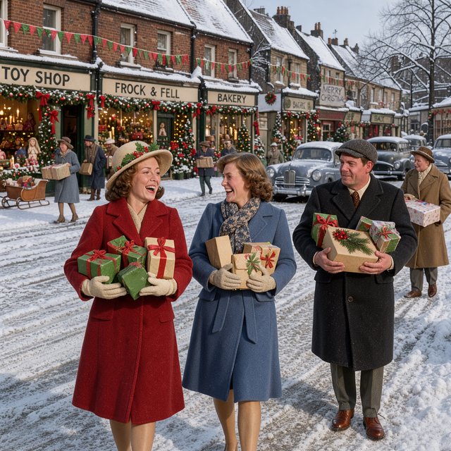 A UK High Street in the 1950s at Christmas time. The roads are covered in snow. The shop windows are decked out for Christmas and the happy adult shoppers are loaded up with gifts for loved ones. The mood is bright and Christmassy. — Model 2