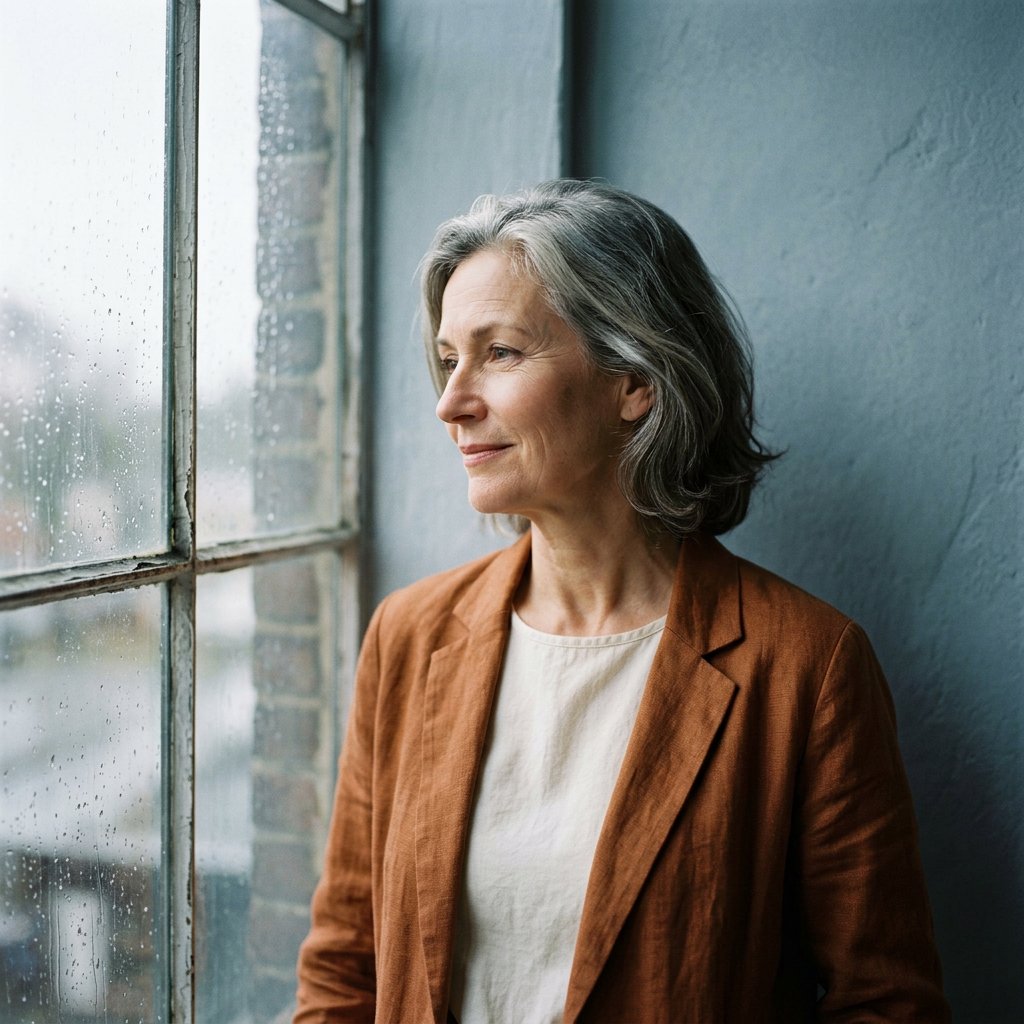 By a rain-streaked studio window, an adult woman in her early 60s turns in profile for a portrait photograph, wearing a copper-colored linen jacket over a cream cotton blouse. Her quietly amused expression rests against a muted blue-gray wall, shaped by cool, soft window light. — Nano Banana 2.1