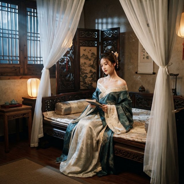 A beautiful adult Chinese woman in her 20s wearing an elegant, subtly sensual Song Dynasty–inspired hanfu with a loose off-shoulder neckline, gracefully exposing her shoulders and collarbones. She sits on an ornate wooden bed inside a refined ancient Chinese bedroom at night, surrounded by gauze curtains, carved screens and softly glowing lanterns. Moonlight filters through the lattice window, creating a romantic, intimate atmosphere. Luxurious silk fabrics, delicate hair ornaments, natural feminine pose, cinematic lighting, historically inspired details, tasteful and sophisticated. — Nano Banana 2 Lite
