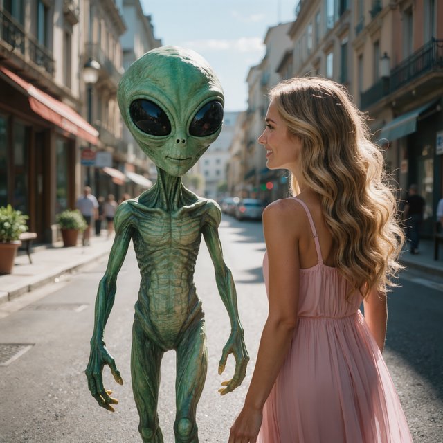 Alien monster walking down the street, greeting a beautiful woman walking toward him down the street on a lovely sunny day! — Kling v3 Omni