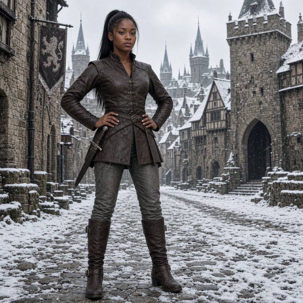 An eighteen-year-old woman. She has long straight black hair tied up, brown eyes, and dark skin. She is wearing a dark leather tunic, grey leather pants, and leather boots. She has a sheathed dagger on her hip, standing with her hands on her hips and looking at the viewer. She is standing in a snowy medieval city. — Grok Imagine Image 2
