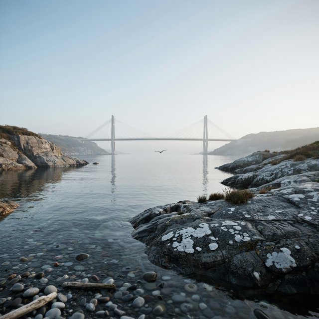 Across a sheltered coastal inlet, a contemporary high-tech cable-stayed bridge spans between granite shores, its slender steel pylons and pale concrete deck catching cool sunrise light; viewed from a rocky bank, straight lines and credible engineering define the scene. — Ideogram v4