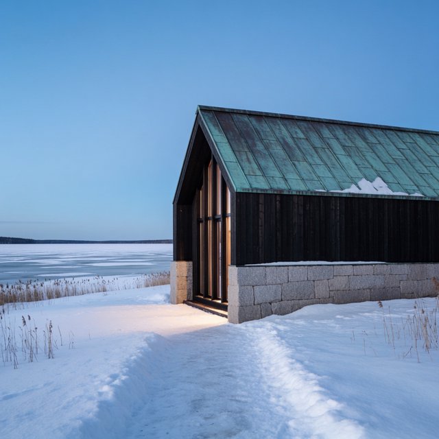 Exterior of a Scandinavian modernist lakeside sauna pavilion, blackened timber cladding, pale granite plinth, copper roof, winter blue-hour light glowing through narrow windows, viewed from a snowy reed-lined path, straight structural geometry and plausible construction. — Krea 2 Medium