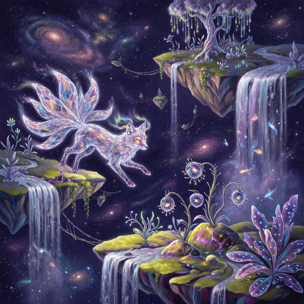 An ethereal fox with crystalline fur navigates a landscape of floating islands. Waterfalls cascade into the starry abyss below, and strange, alien flora sprouts from glowing rocks. This is a magical realism painting, infused with the wonder of distant galaxies. — Grok Imagine Image Quality