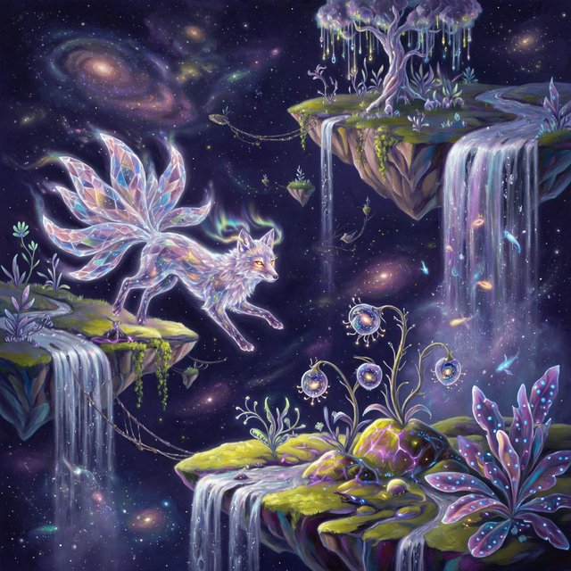 An ethereal fox with crystalline fur navigates a landscape of floating islands. Waterfalls cascade into the starry abyss below, and strange, alien flora sprouts from glowing rocks. This is a magical realism painting, infused with the wonder of distant galaxies. — Grok Imagine Image Quality