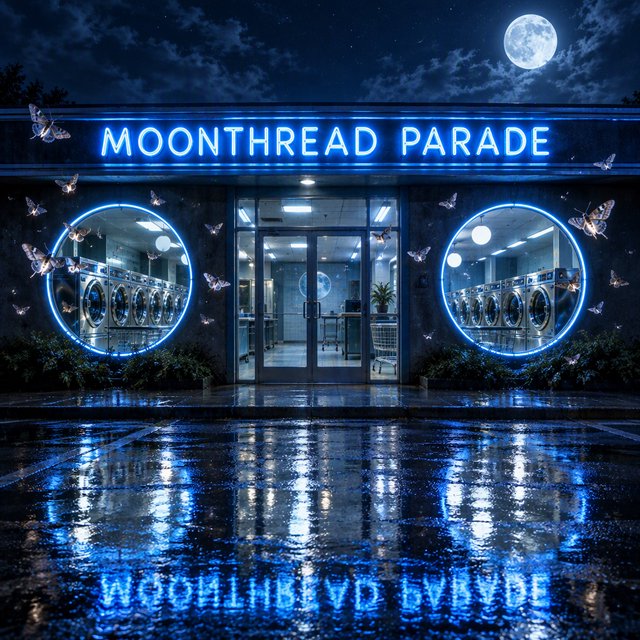 At midnight, moths circle the laundromat’s glowing round windows while chrome washing machines gleam inside; “MOONTHREAD PARADE” shines in icy blue neon above the entrance, reflected across the wet pavement, with no other lettering visible. — GPT Image 2.5 Flare