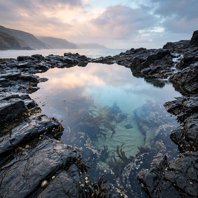 At dawn on a rugged basalt shore, a tide pool mirrors clearing rain clouds; translucent water reveals rippled sand, barnacle-crusted rock, and blurred kelp below the surface, with slick foreground stone leading toward hazy coastal cliffs. — Nano Banana 2.1